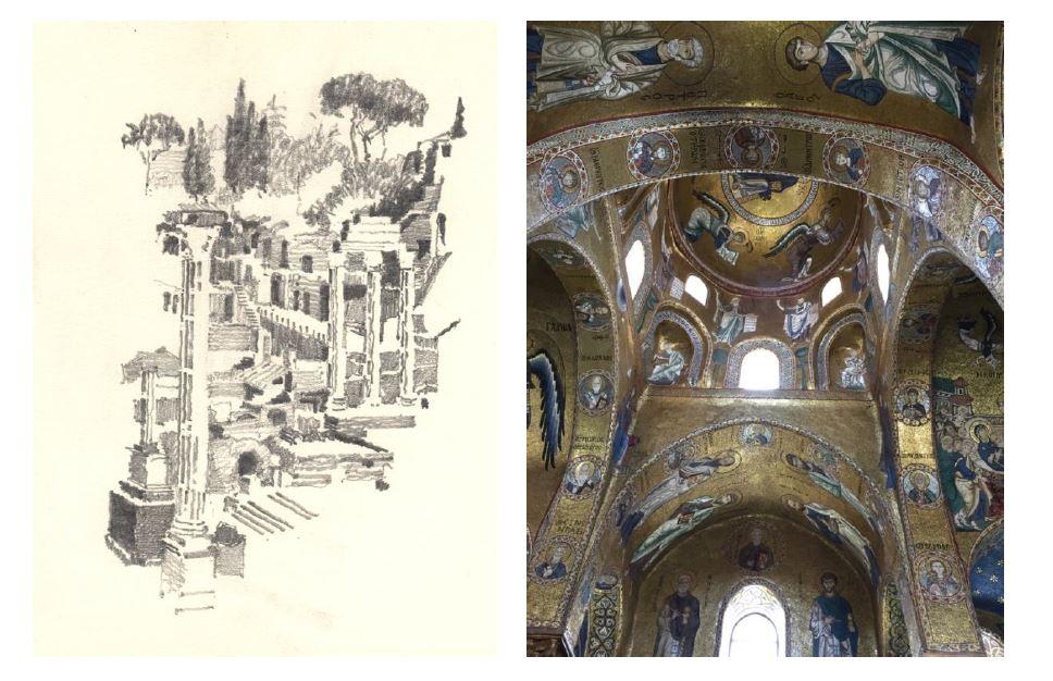 Sketch of a building and image of interior of church