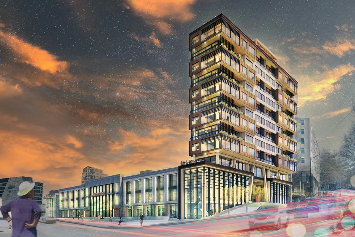 Rendering of stack alley building in sunset night sky