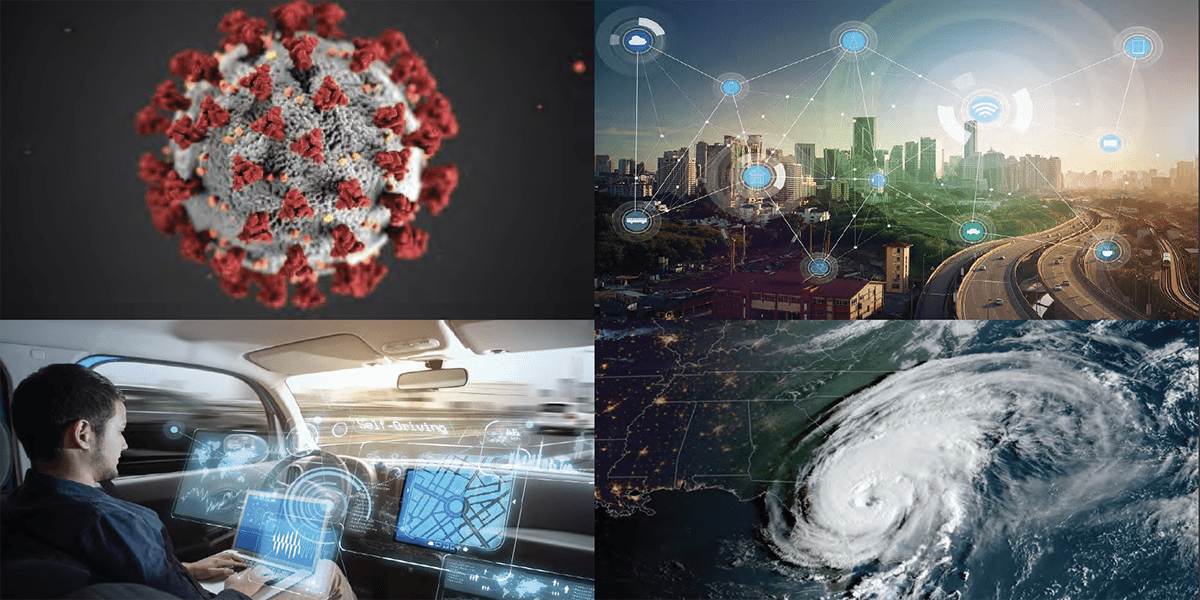 Collage of Covid Molecule, Internet of Things and a hurricane
