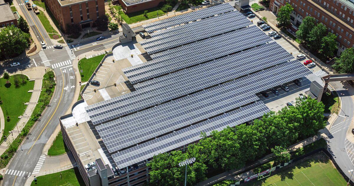 Aerial shot of solar panels at UMD