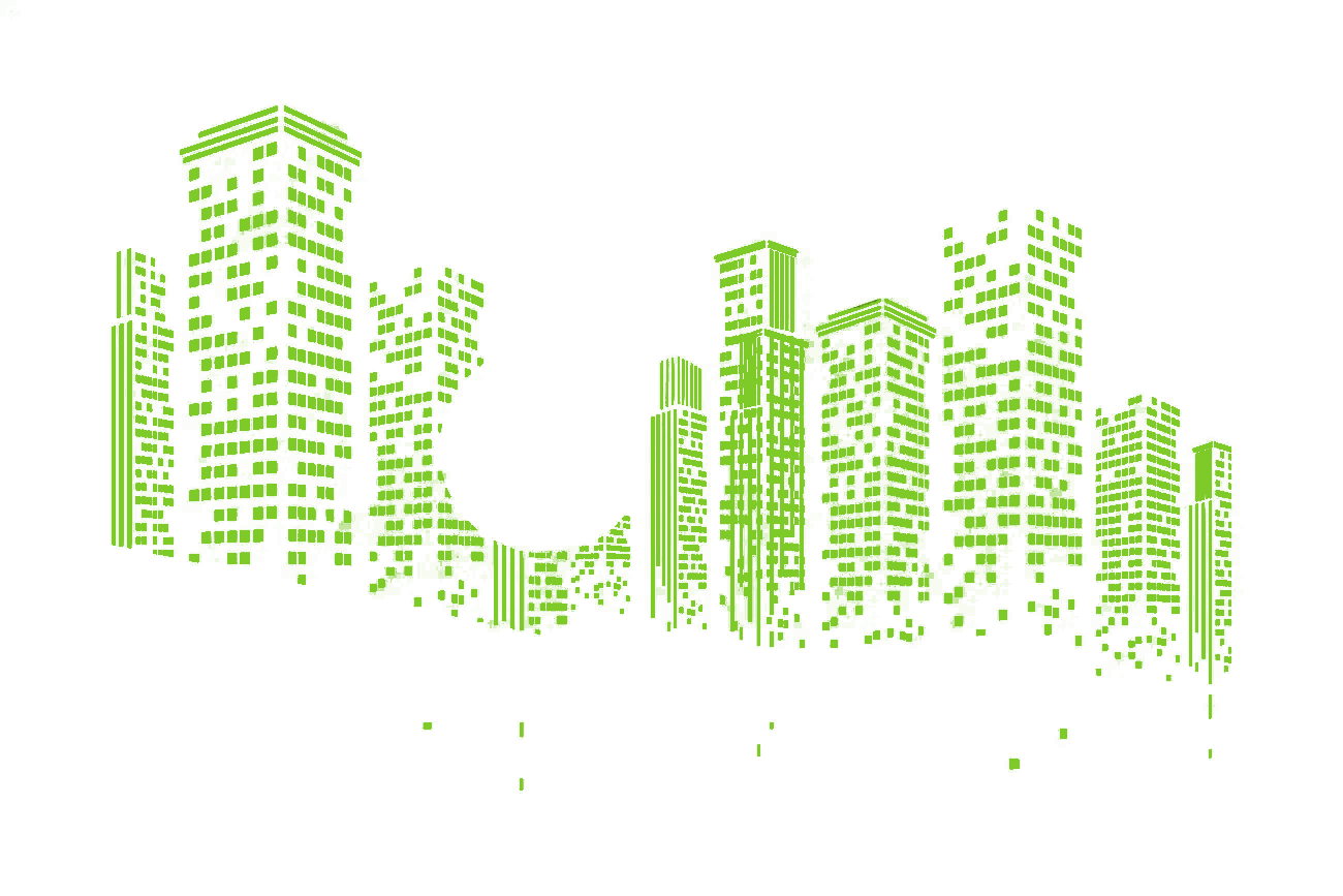 Abstract green city skyscrapers made of small squares.