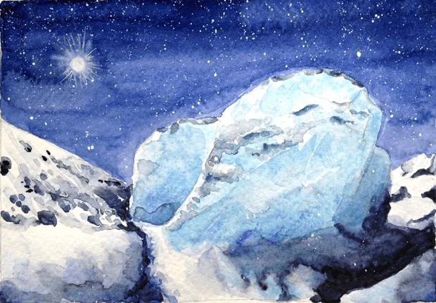Painting of snowy rocks and a night sky with stars