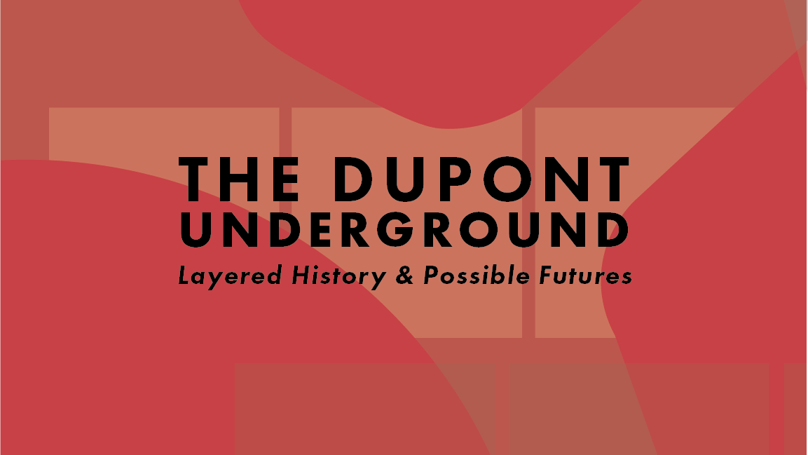 Red graphic background with text that read: Layered History & Possible Futures