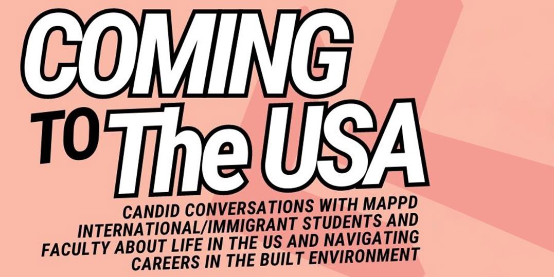 Pink graphic background with text details about the "Coming to the USA" event