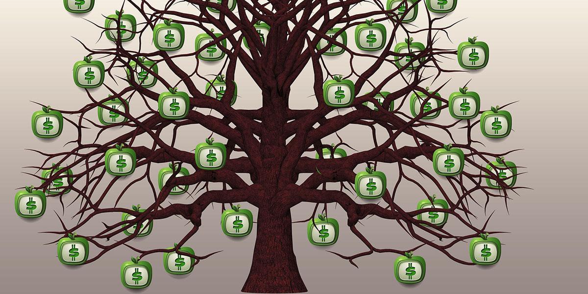 An illustration of a tree with dollar signs a leaves