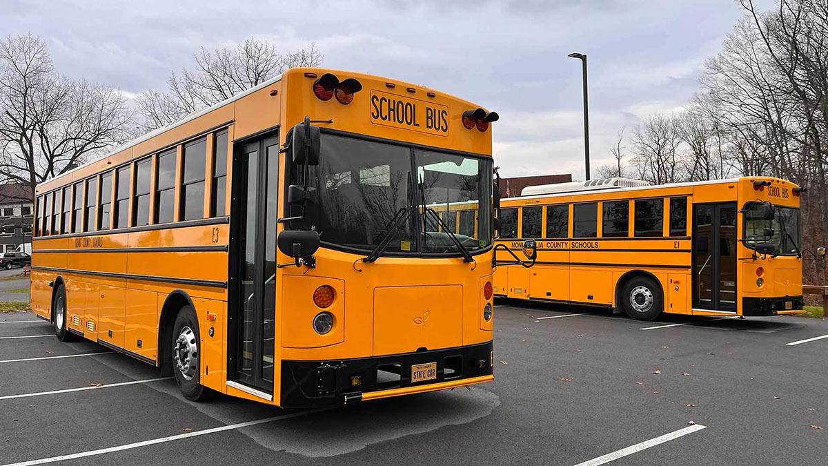 Yellow school buses in a parking lot
