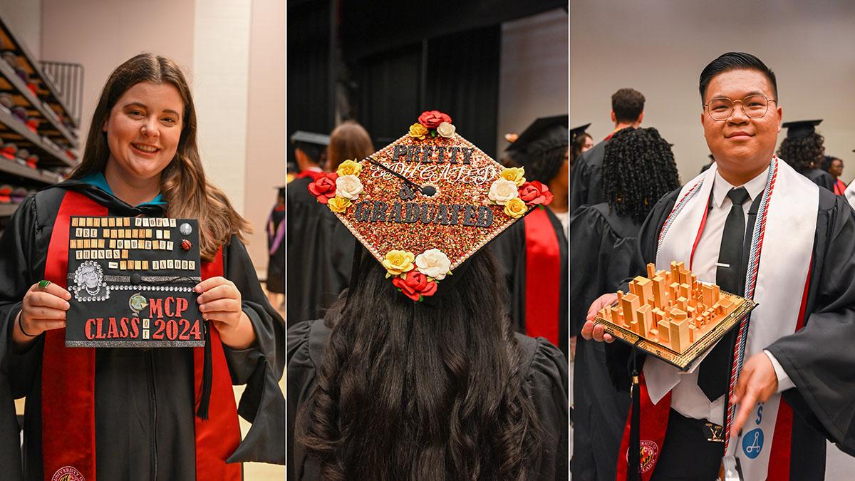 Students showing their graduation caps with glitter, 3D buildings and colalges
