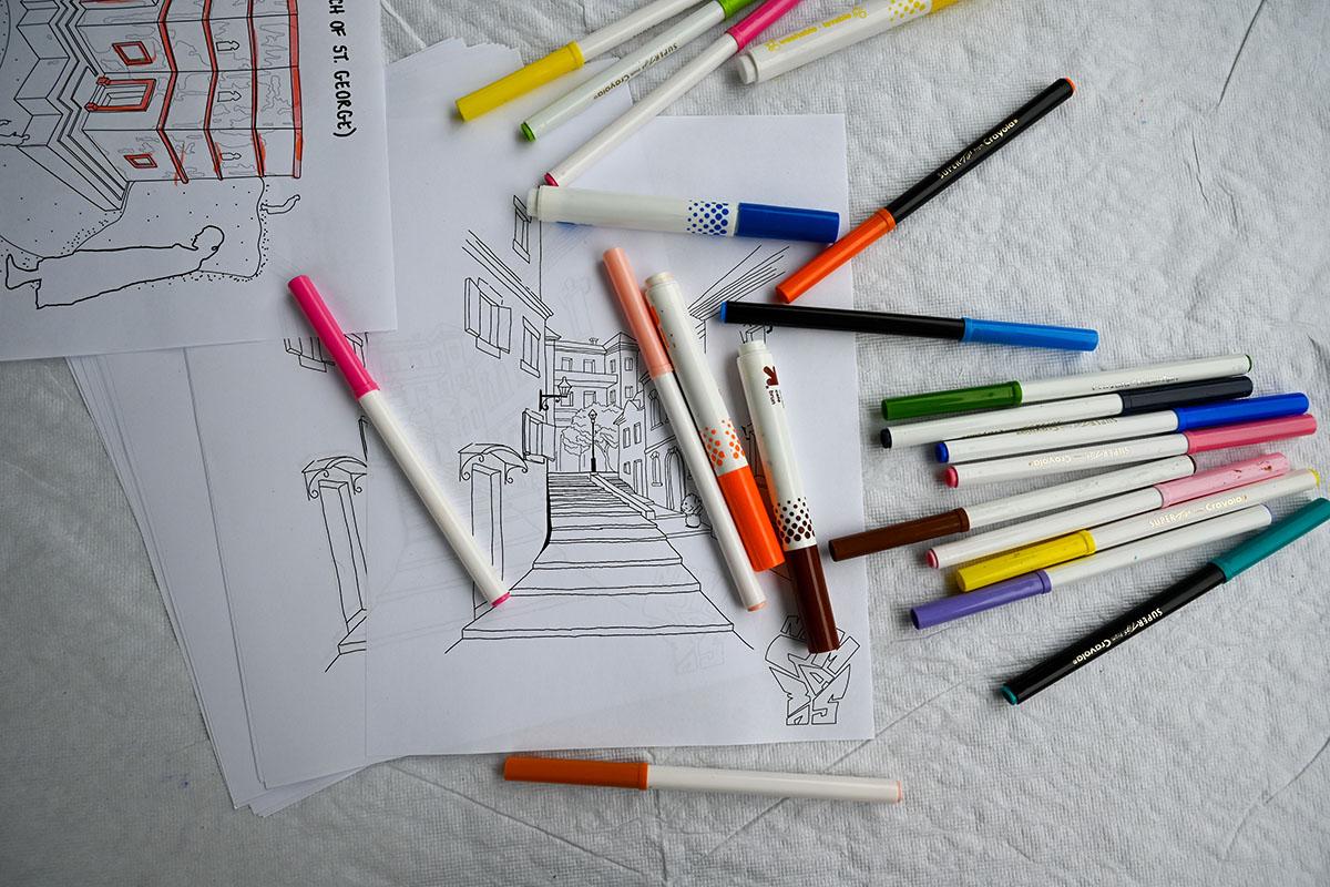 Color-in drawings of the architecture buildings with markers
