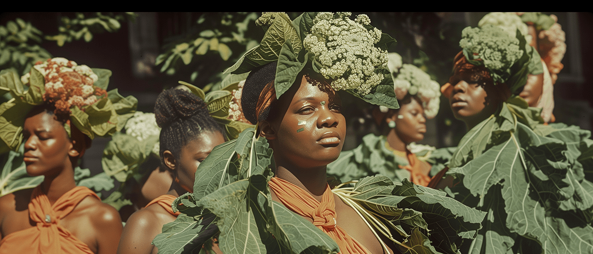 African American women wearing burnt orange dresses and garmented with large green leaves 