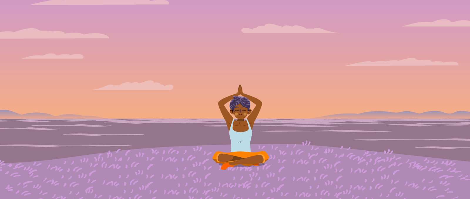 Illustration of a person doing yoga in a purple field