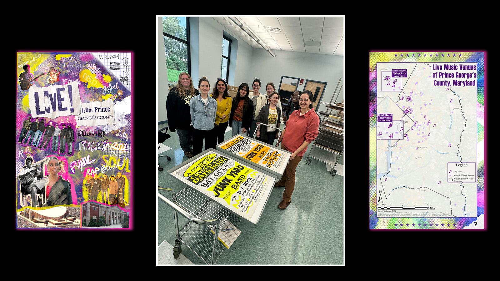 Group shot of students in front of a screen print and magazine designs.