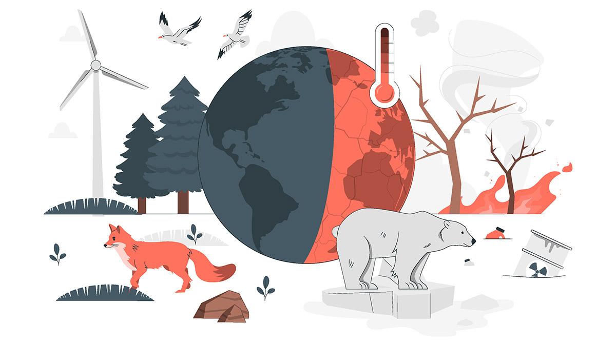 Illustration of planet earth, a fox, polar bear, seagulls and wind turbine.