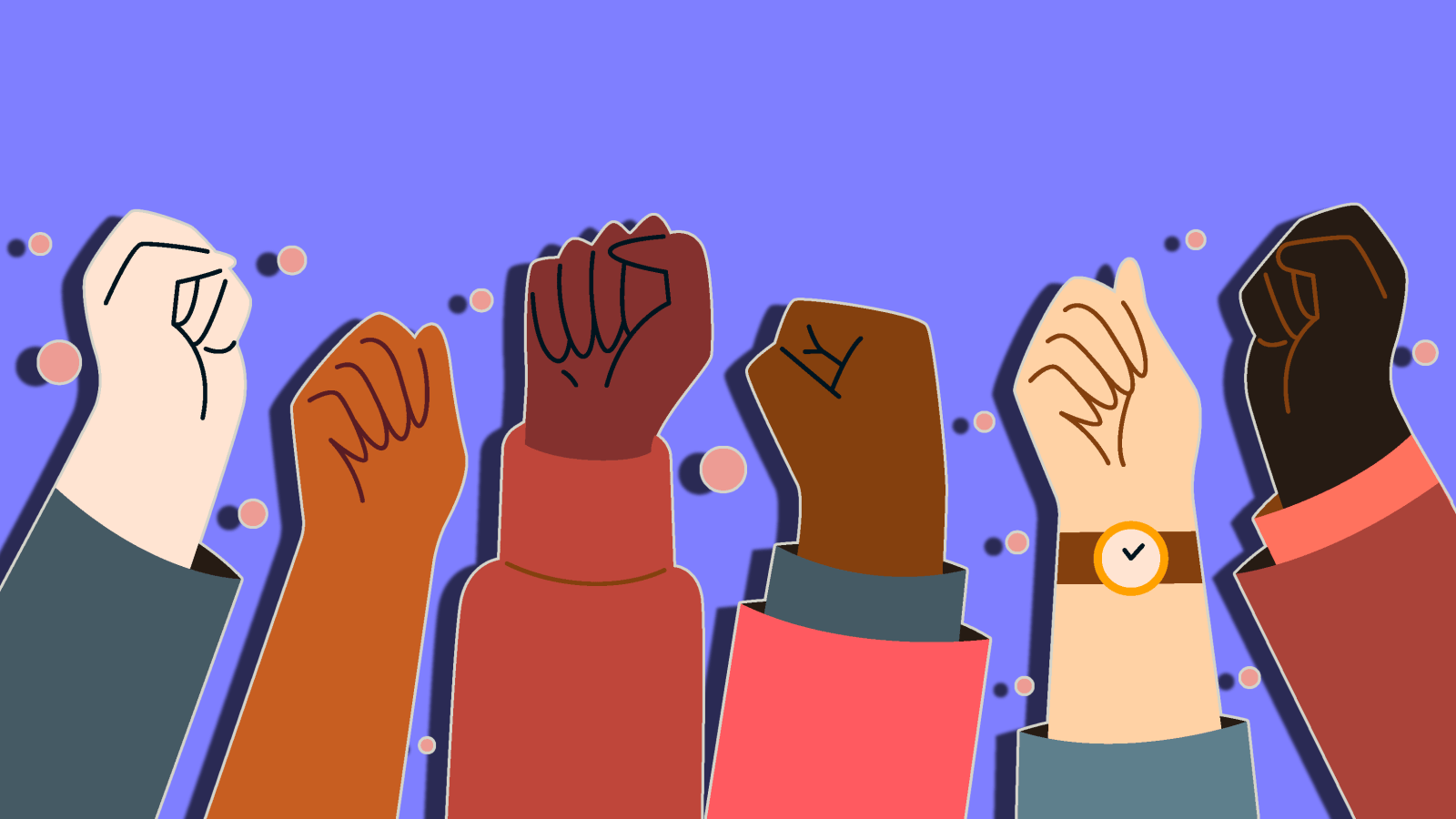 Illustration of people holding their fists in the air, showing diverse races. 