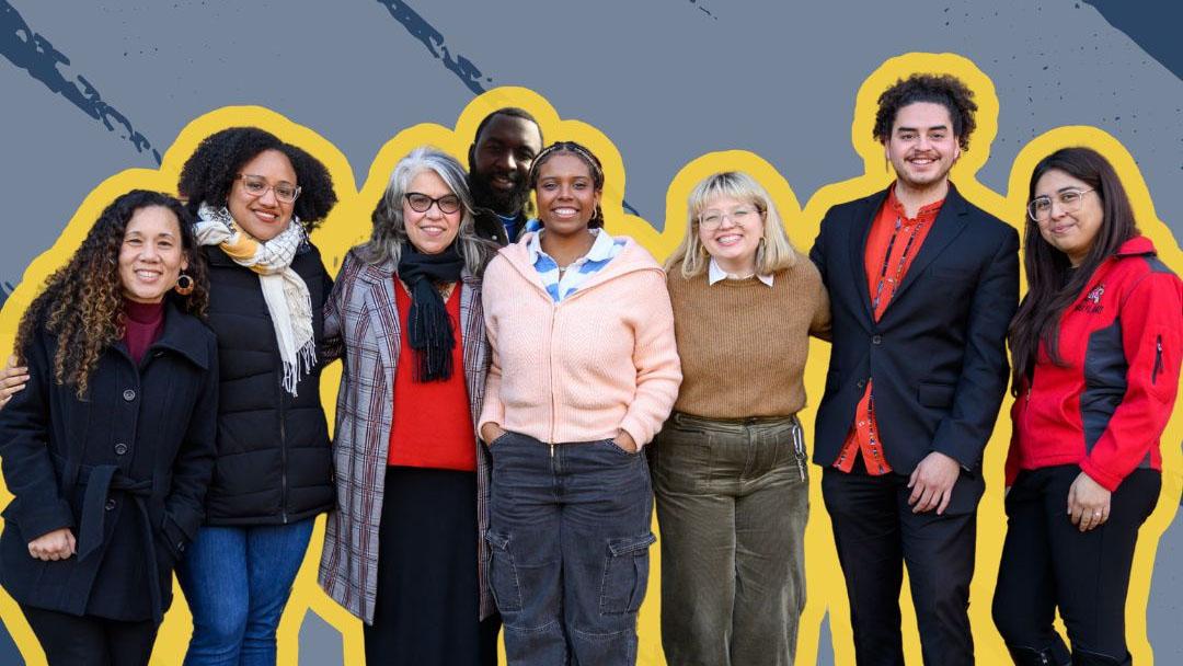 Group photo of the UEC Community Fellows with an illustrated yellow and blue background.