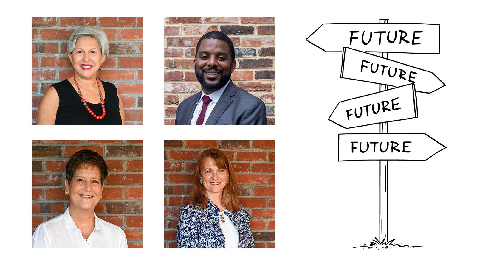 Board of visitor headshots and illustration of signs that point to different directions of "Future"