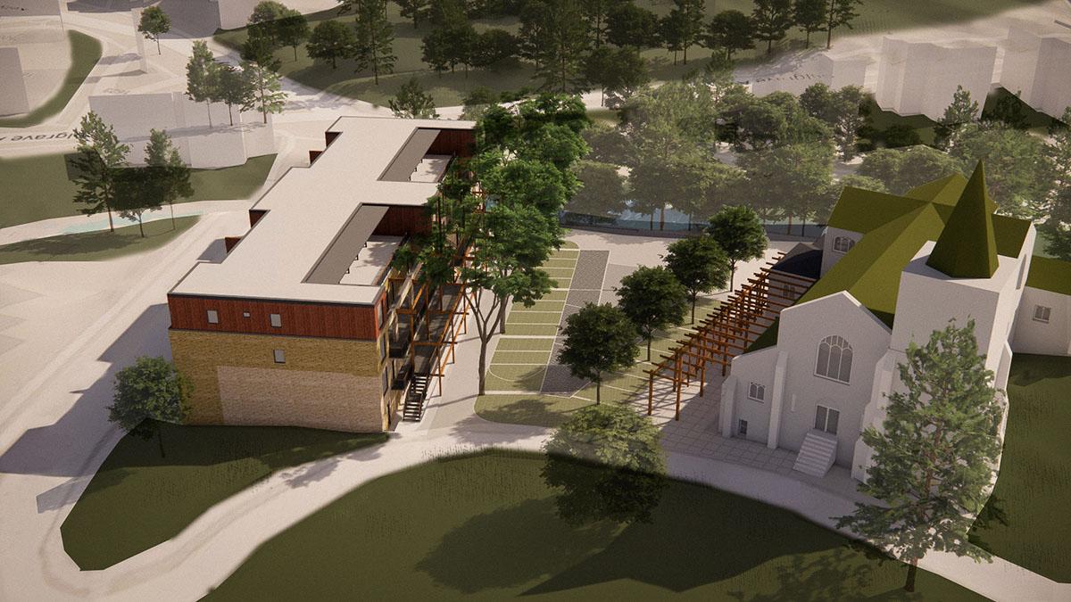 Aerial view rendering of the redesign church