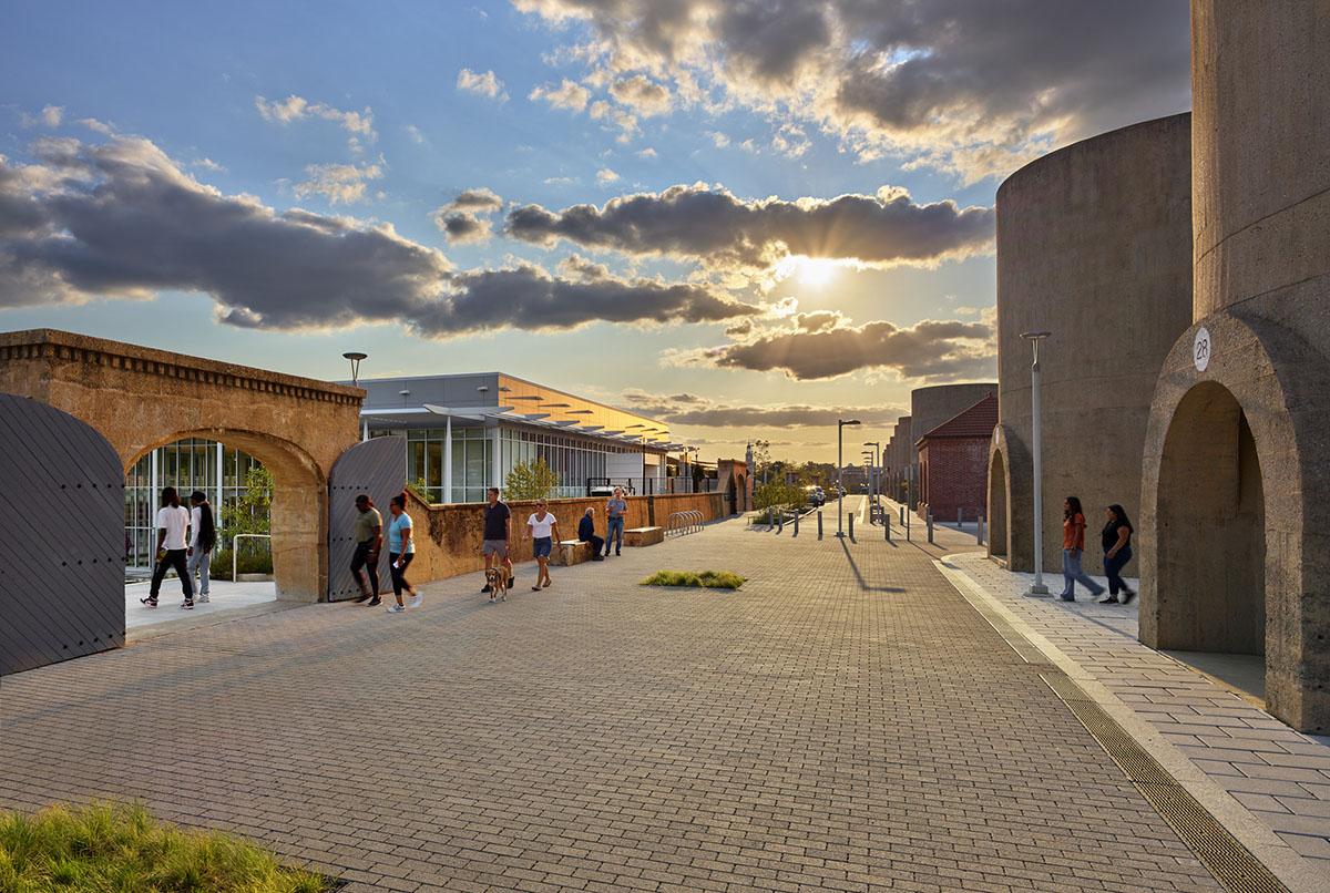 Exterior of the historic sand bins at McMillan Reservoir at dusk