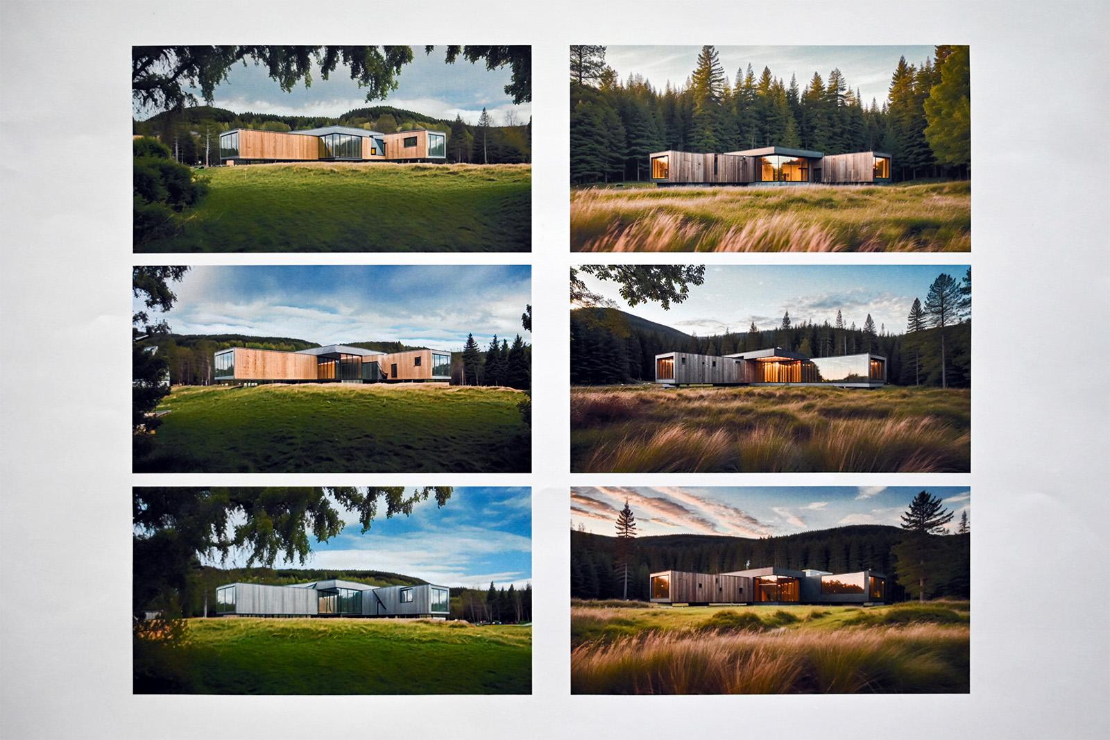 Architectural building renderings in a grass field created with generative AI