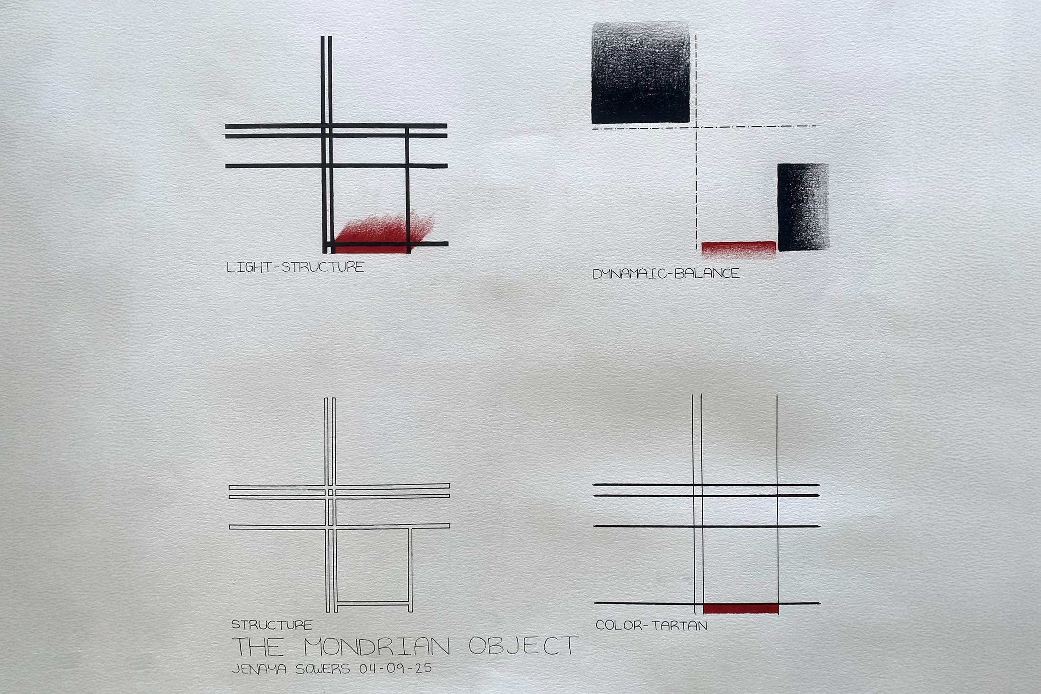 Diagrams of Piet Mondrian paintings on watercolor paper