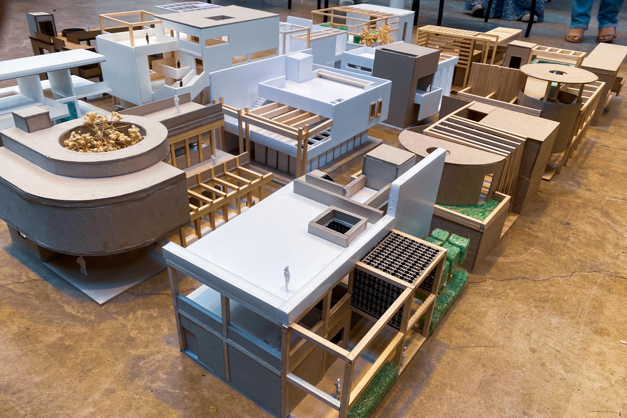 Blue and wooden model building