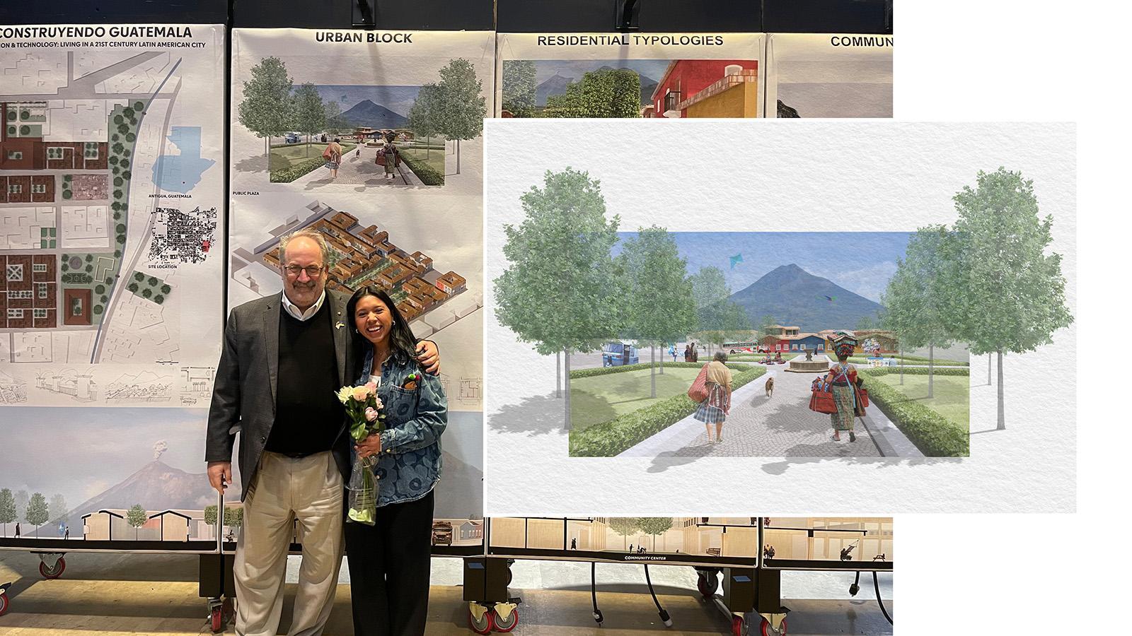 Student posing with teacher in front of architectural renderings