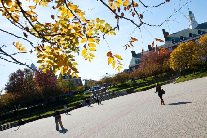 Fall leaves in the foreground and Hornbake Plazan at UMD in the background 