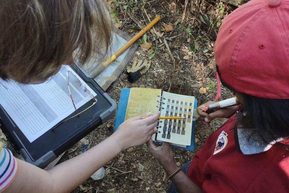 Students holding book and comparing archeological findings