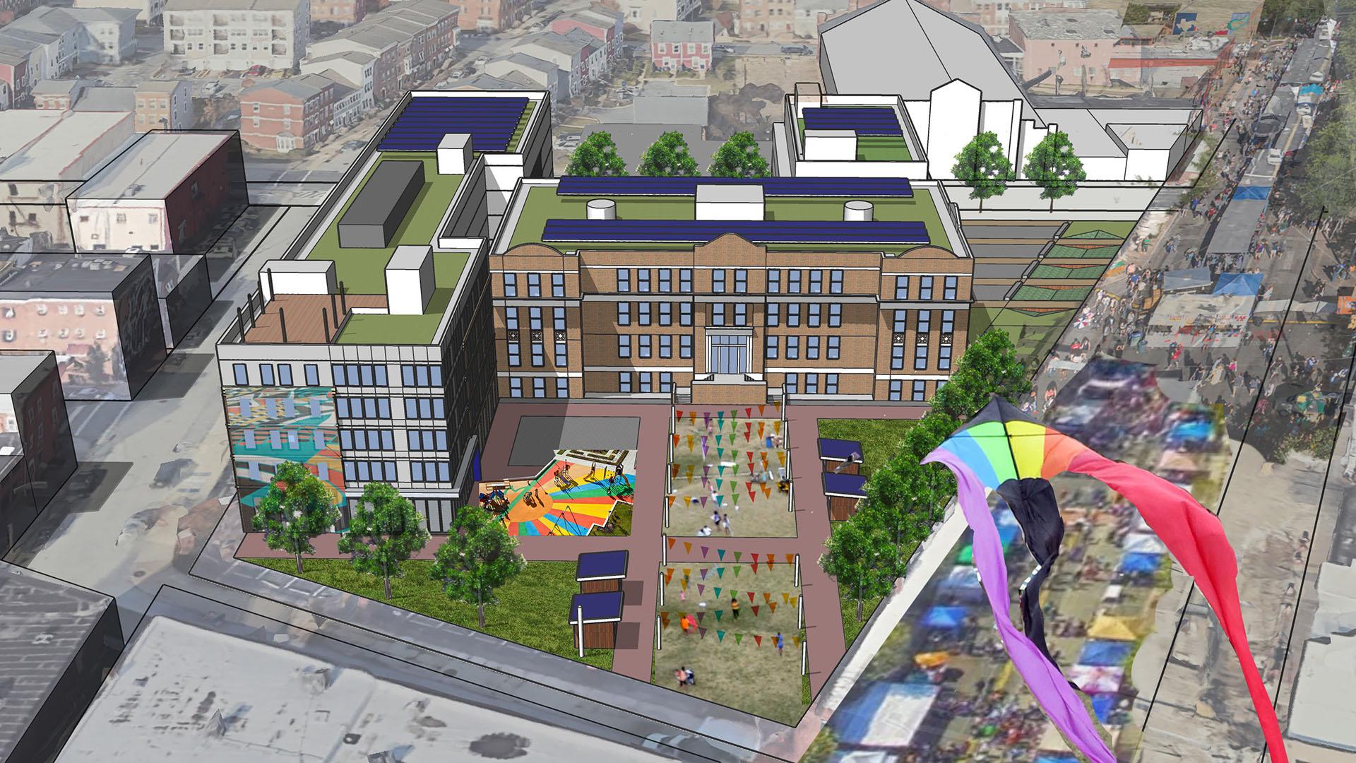 Aerial view of 2Centeral mixed-use development with a colorful kite in the foreground 