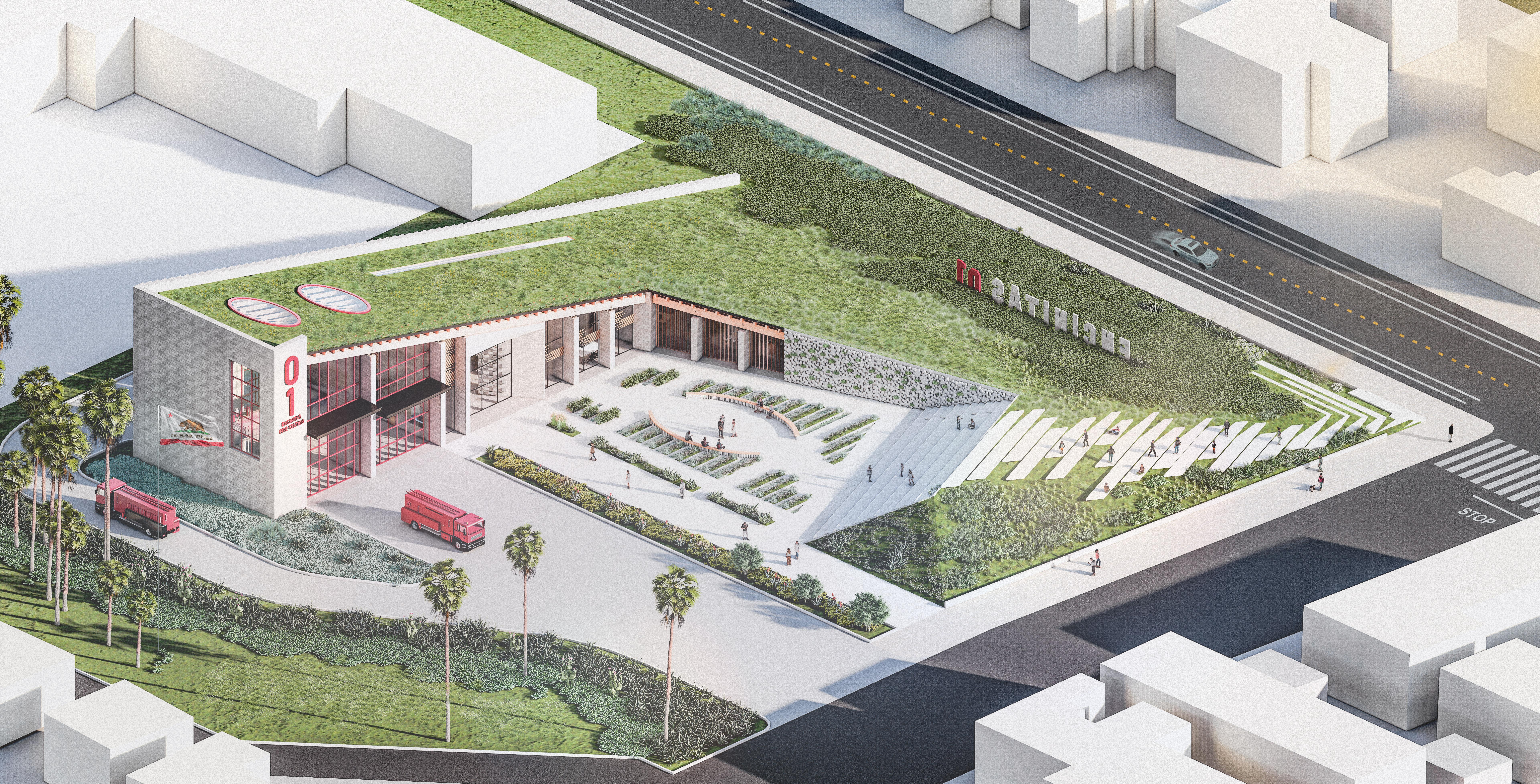 Rendering of winning design of fire station in California