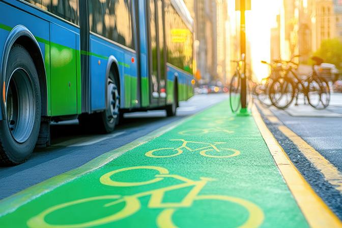 View of a bike lane with bicycles and a bus passing by, sunset in background