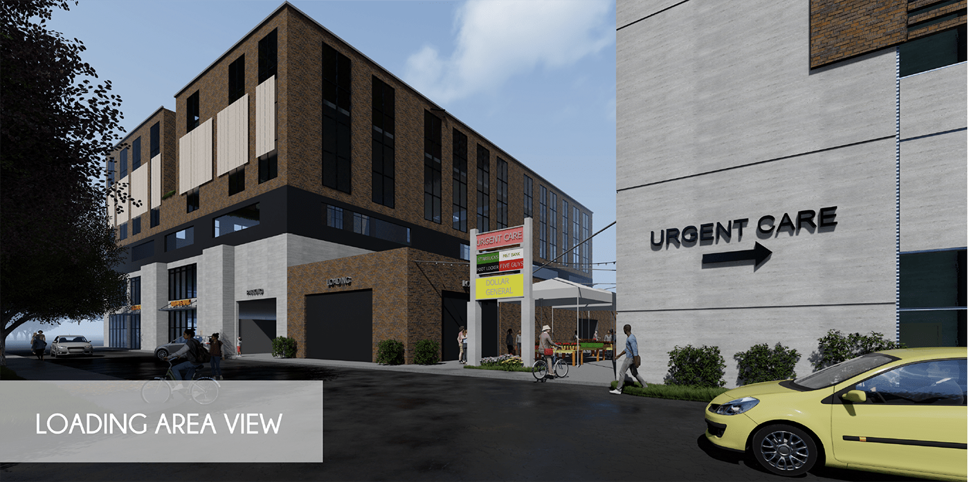 Loading area view of the eastern exchange shopping area showcasing signage for Urgent Care