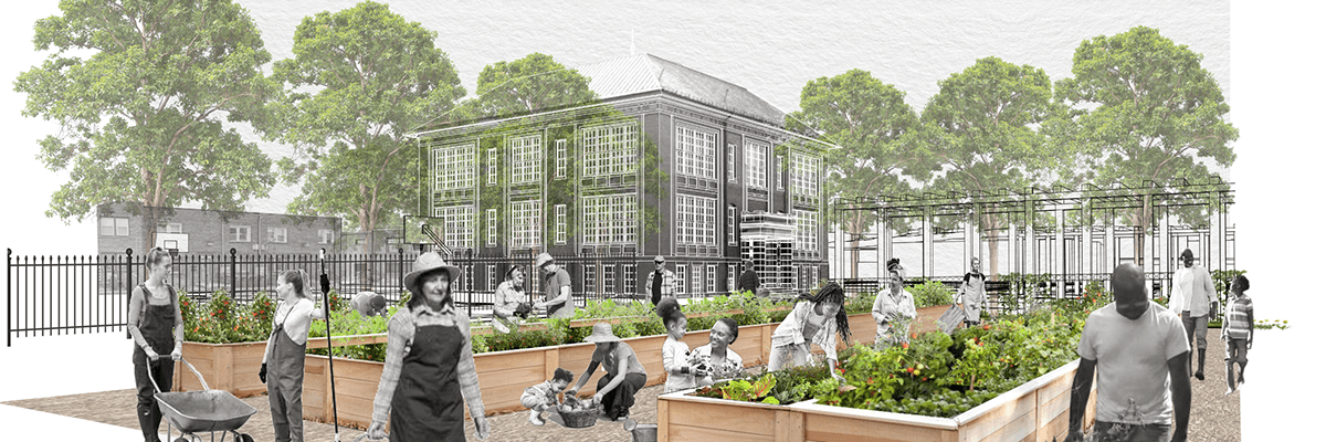 Rendering of people working in a community garden with a building in the background