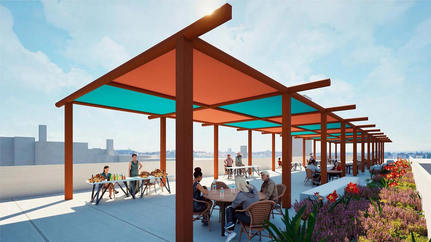 Colorful awning on rooftop