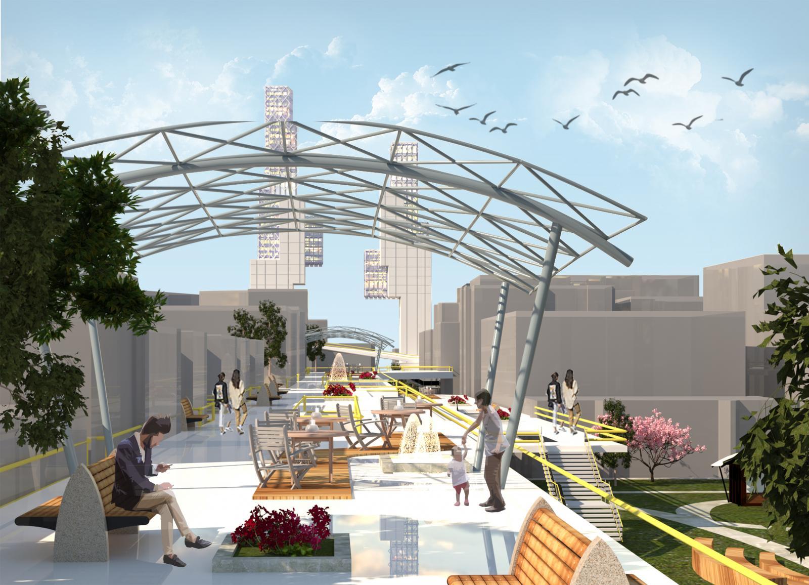 Rendering of Hackable City and an outdoor shaded structure