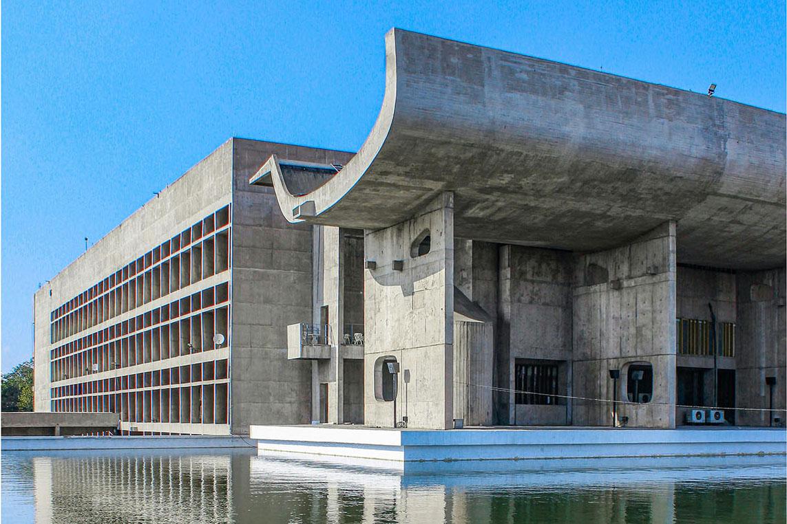 Concrete architectural building in water