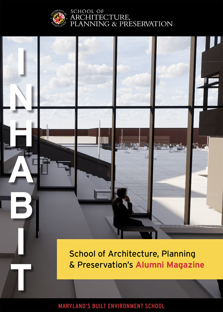 Inhabit Magazine cover of the inside of a modern building with large windows and a person sitting on steps