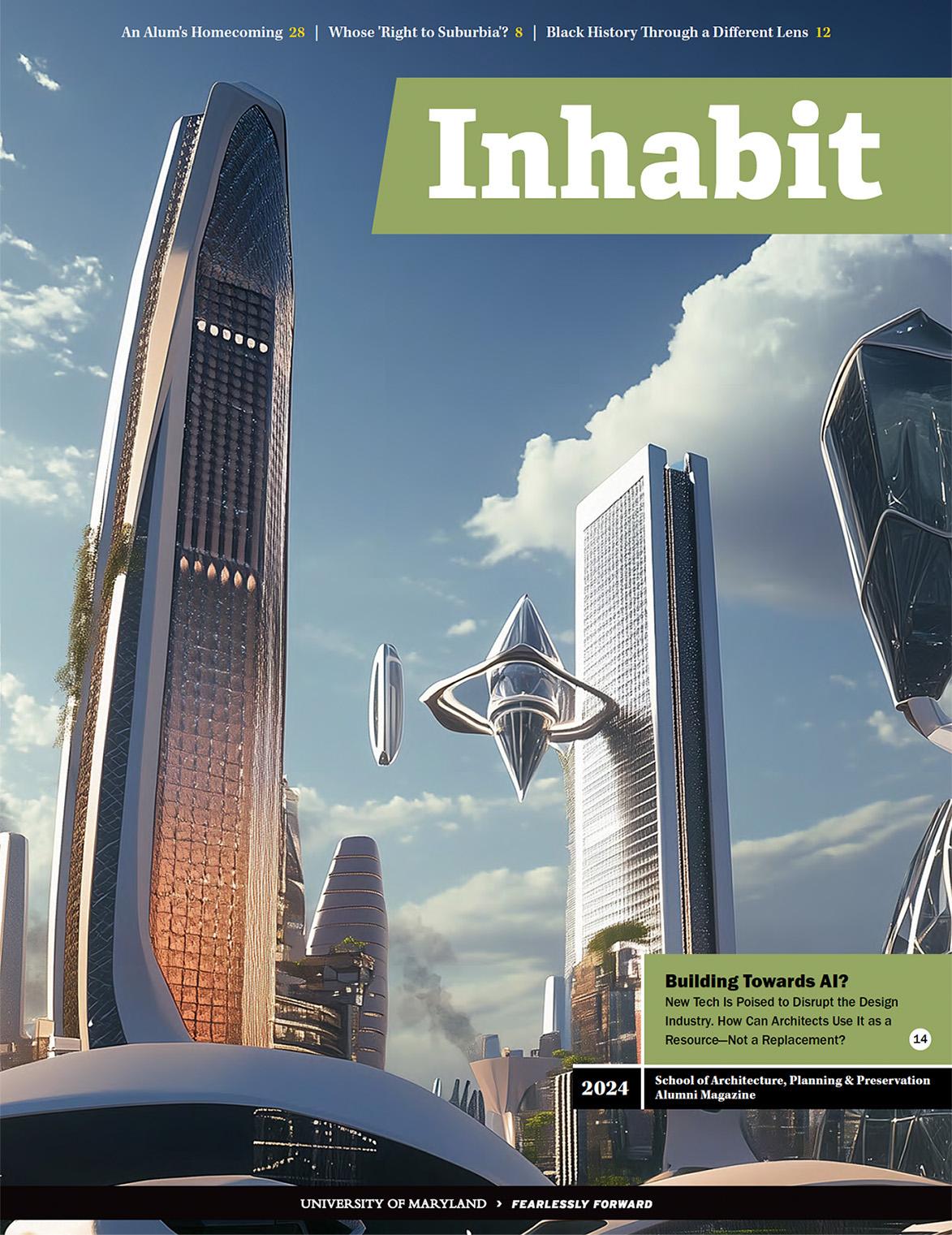 Inhabit Magazine Cover showcasing futuristic AI skyscrapers with floating elevators