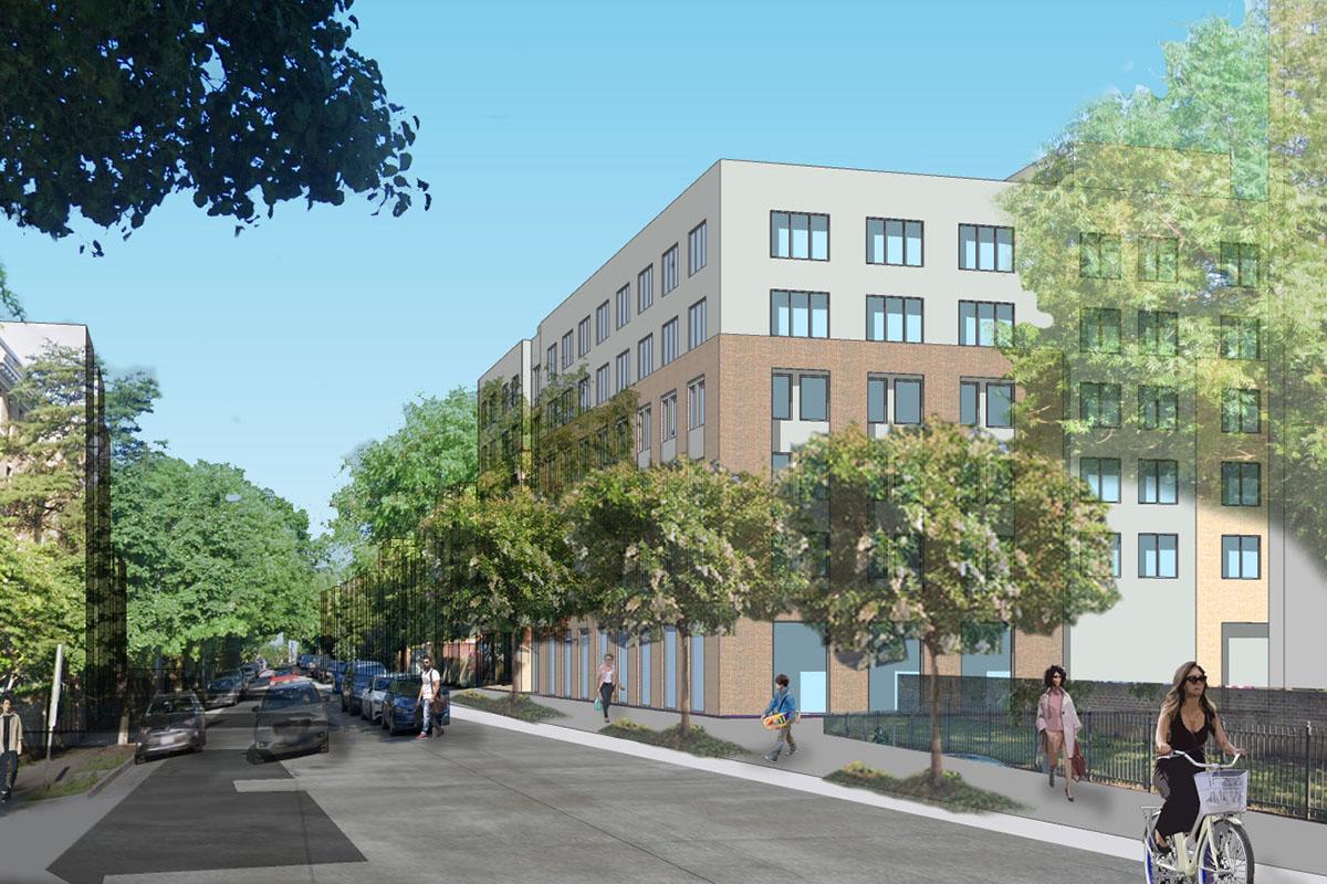 Residences at Harvard County with cars and people on the street and sidewalk