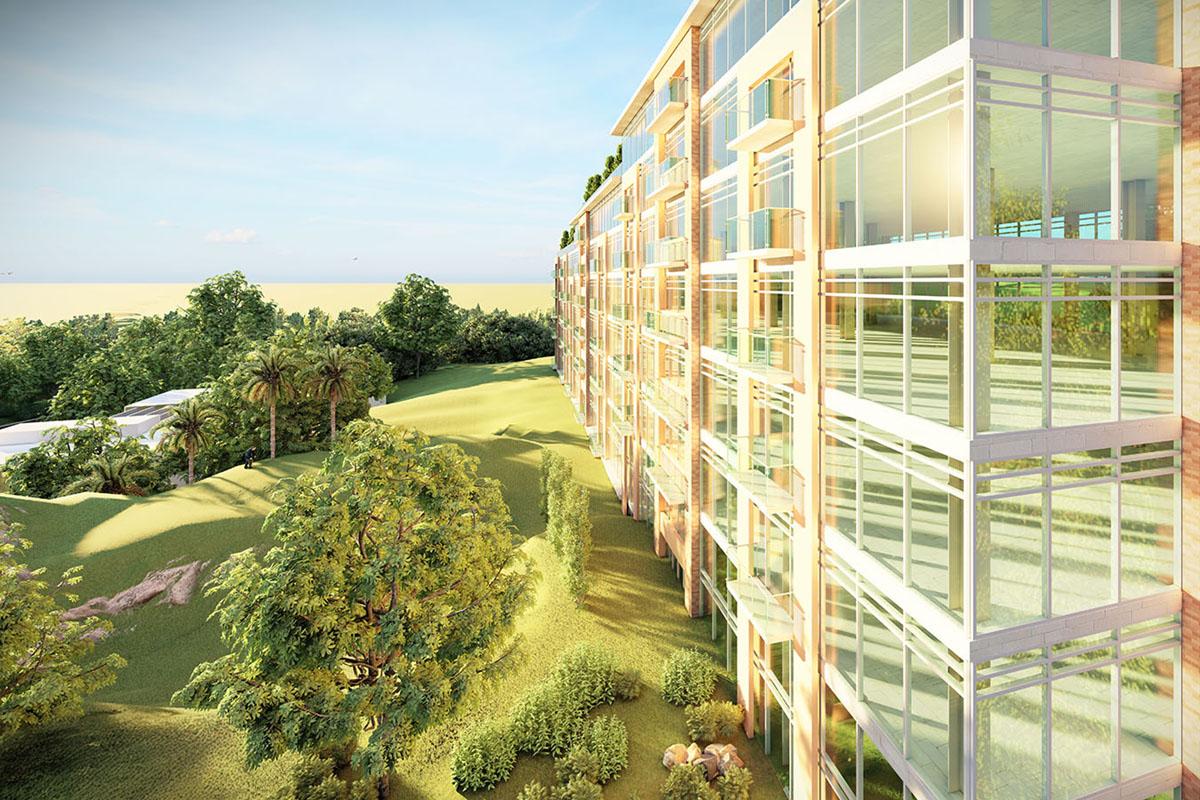 Rendering of a building with large windows giving view to greenery