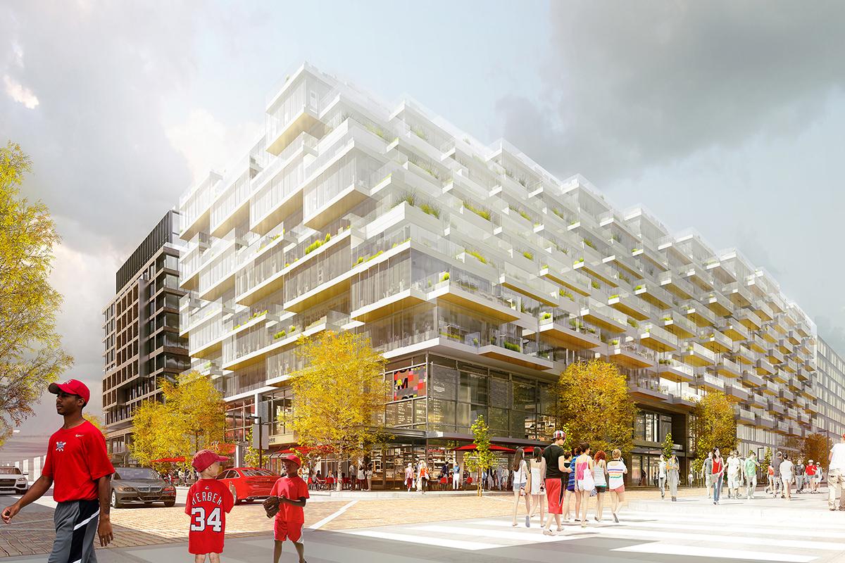 Rendering of a white building with numerous balconies and people are walking in the foreground