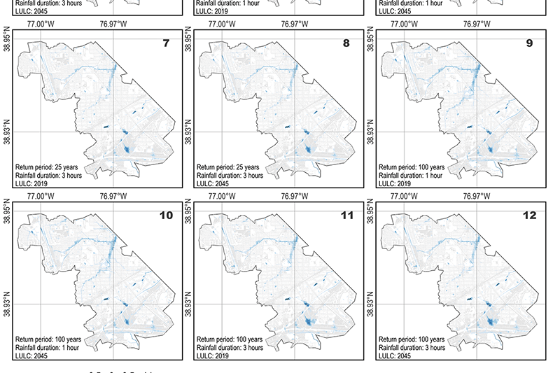 Series of site plans showing urban flooding rainfall over time