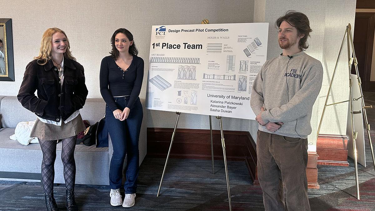 Students next to their winning precast concrete project