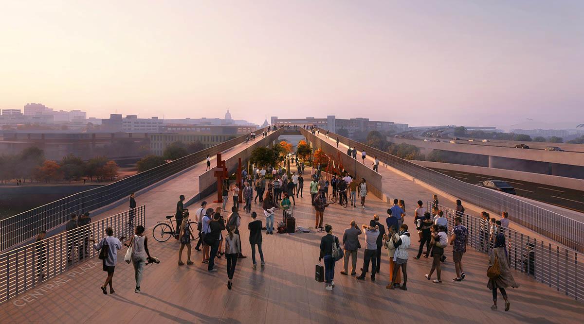 Rendering of 11th street bridge with lots of people on it