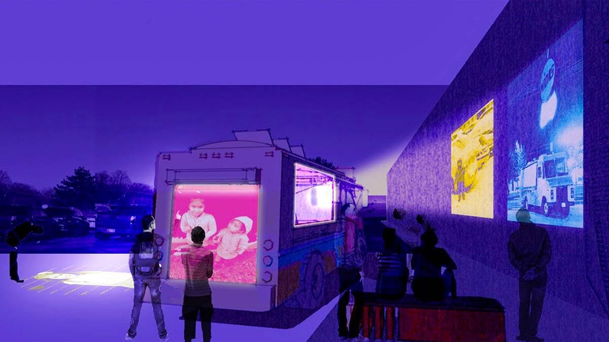 Rendering of a creative placemaking project with food truck and projections