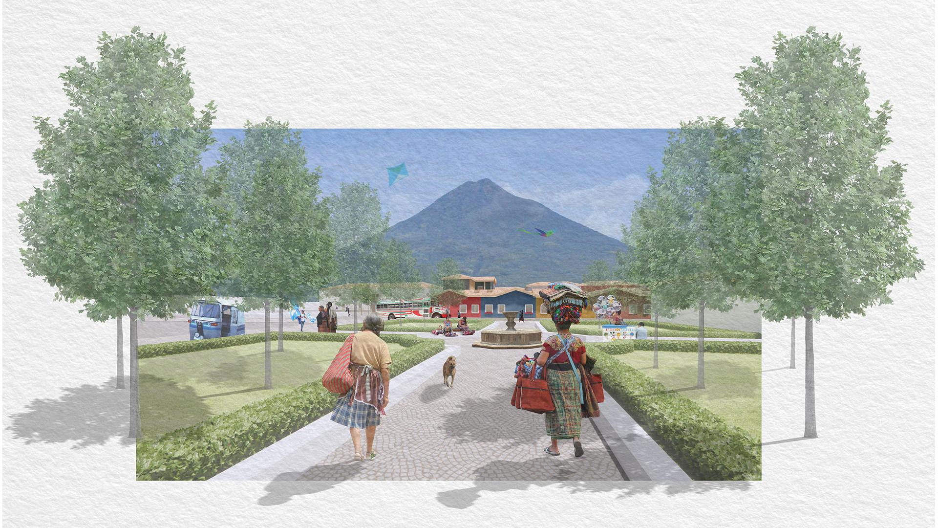 People walking towards colorful community buildings with a volcano in background 