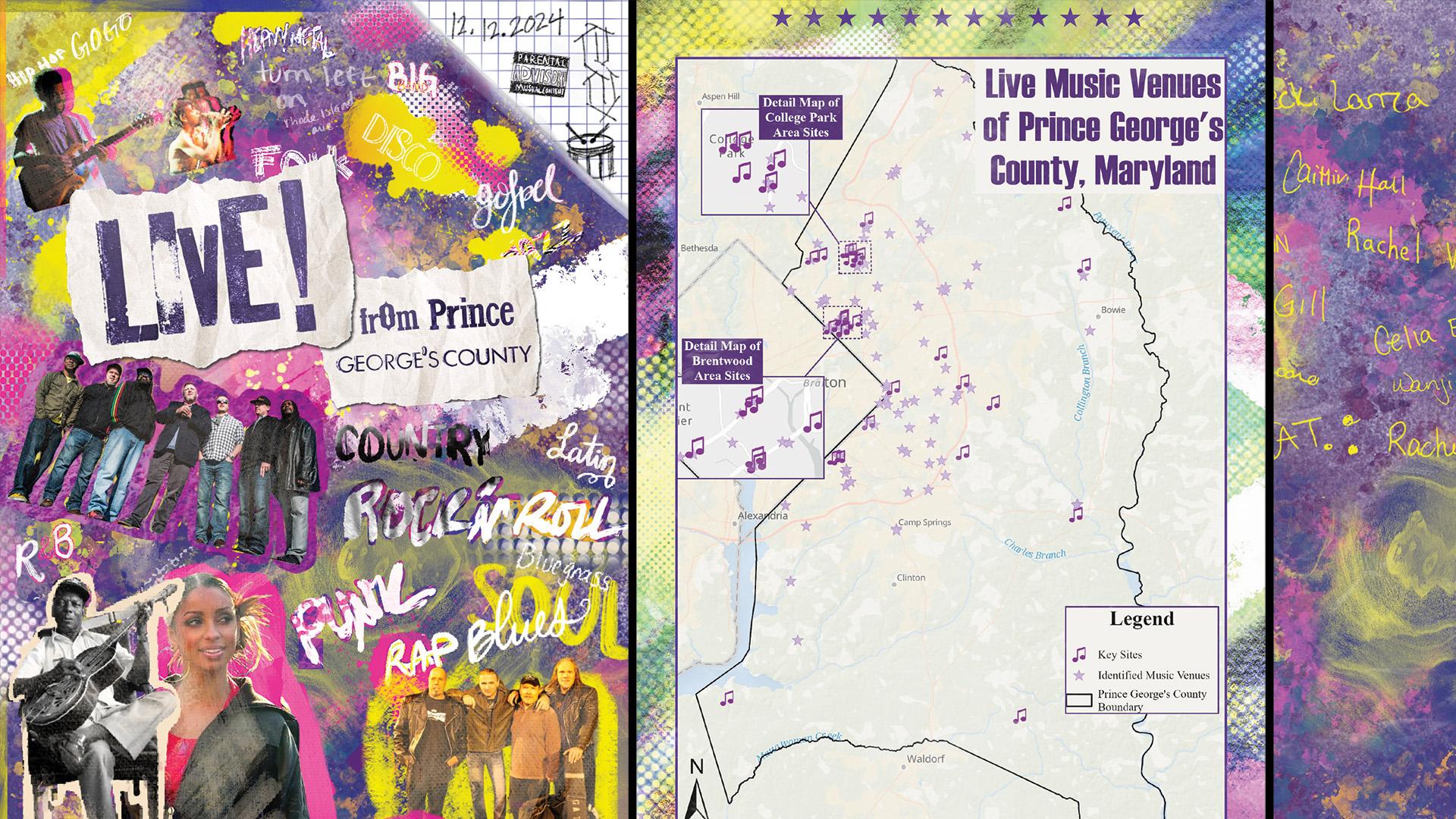 Pink and purple poster for live music in Prince George's County