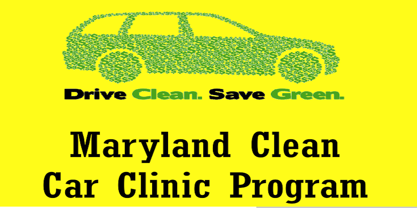 Logo of Car and Text saying Maryland Clean Car Clinic Program