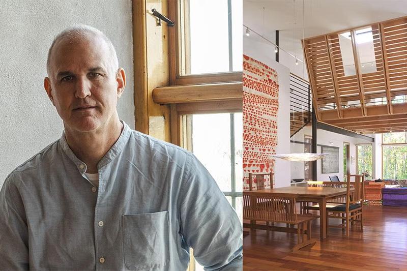 Peter Noonan and a view inside a house with wooden structures. 