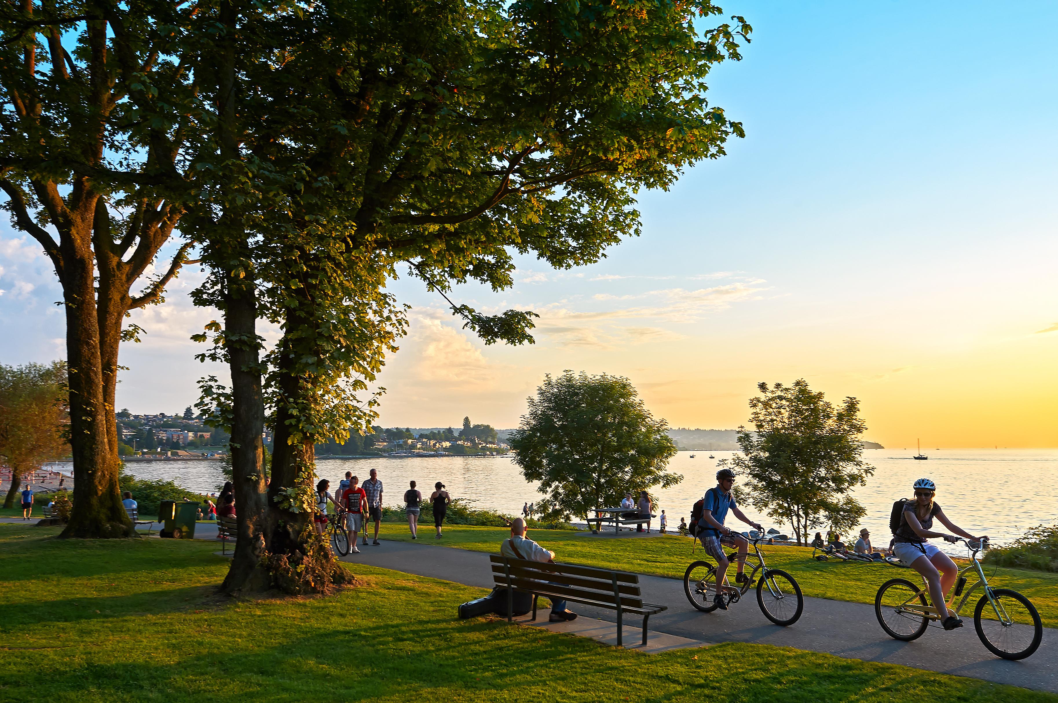 Pedestrians and cyclists in urban park
