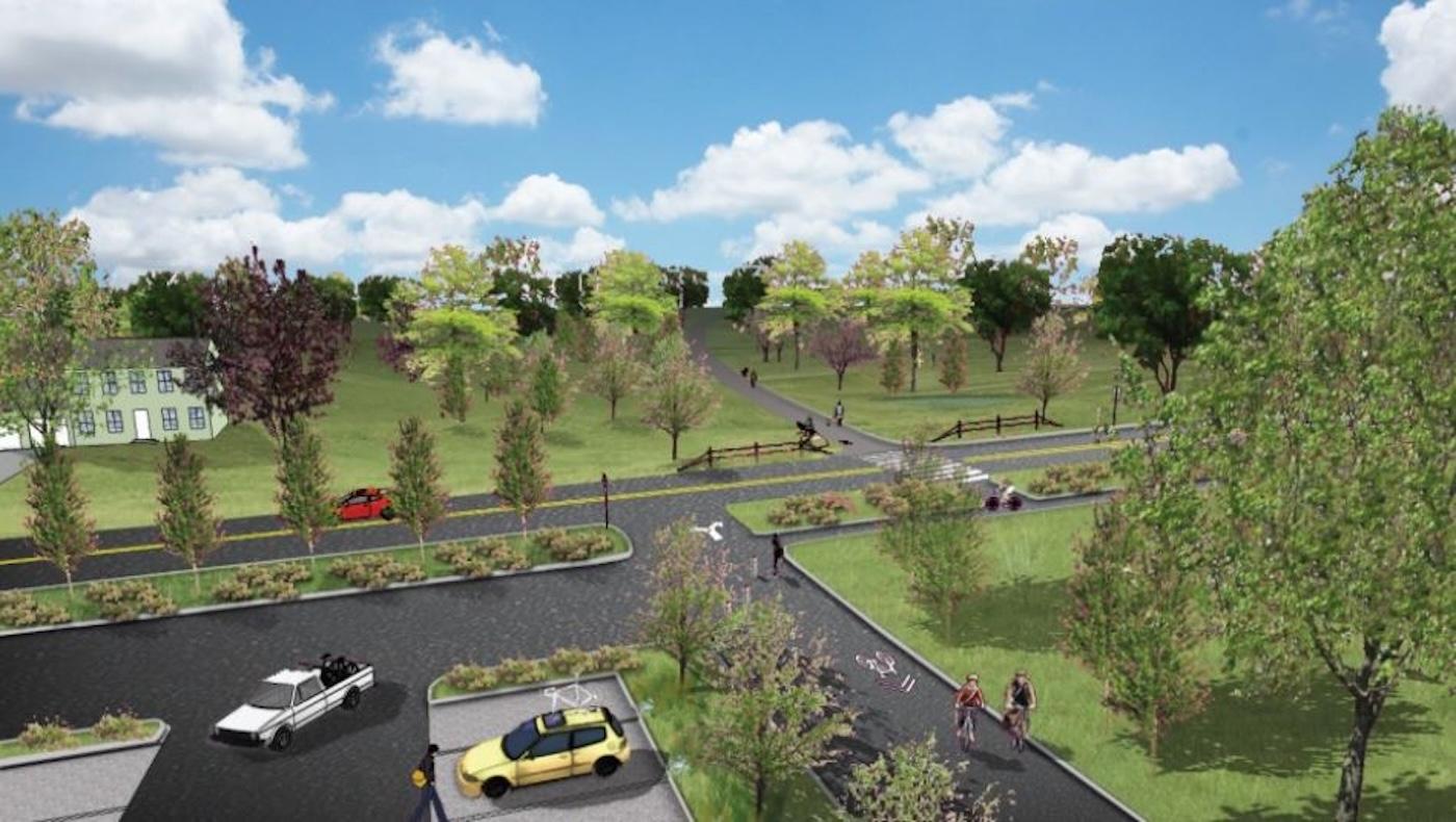 3D mapping of plan for green infrastructure in Warrington: includes a street intersection and trees lining the road